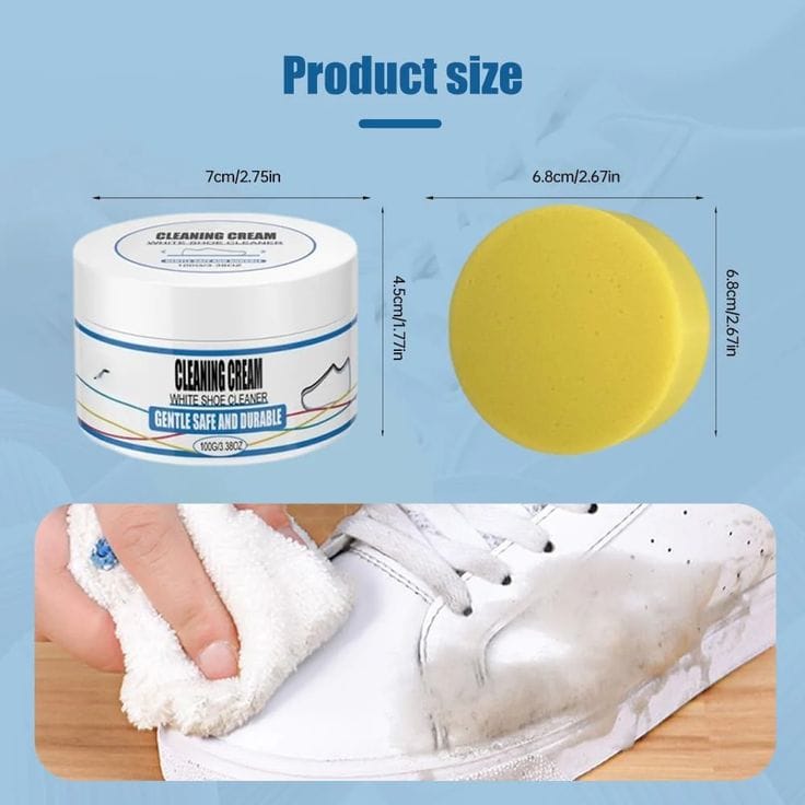 Cleaning cream jar, yellow cleaning pad, and white shoe being cleaned on a blue background with product size measurements.